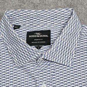 Rods & Gunn Men's Large Fish Patterns Button Shirt White Blue EUC! Sports Fit